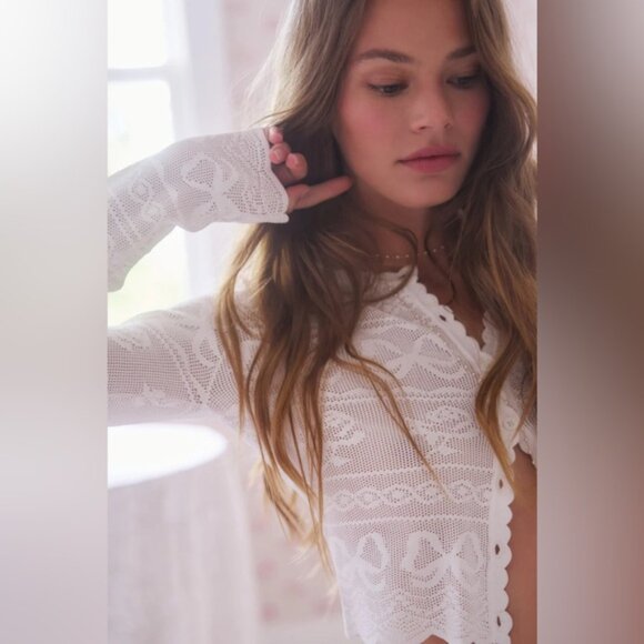 NWT Loveshackfancy Gretta Pointelle Knit Bow Cardigan Ivory White | S - Picture 2 of 13